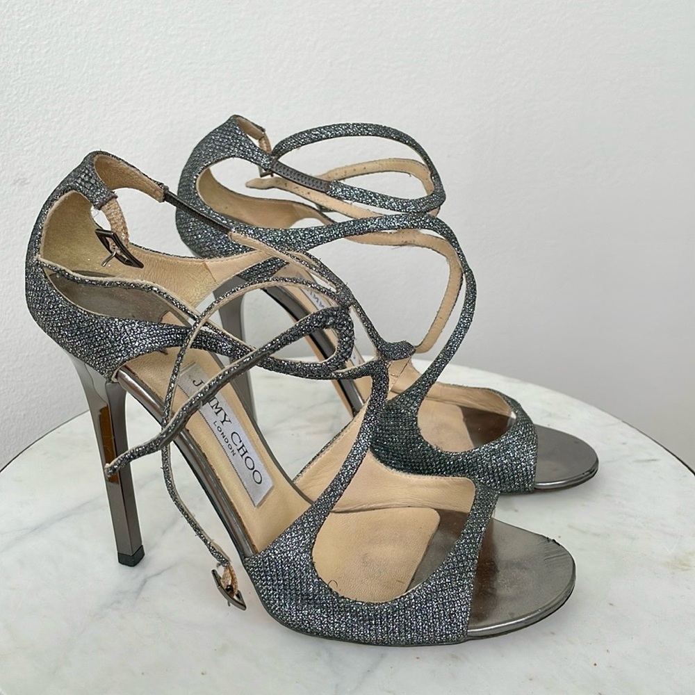 JIMMY CHOO DARK GREY GLITTER LEATHER LANCE HEELS, 37.5